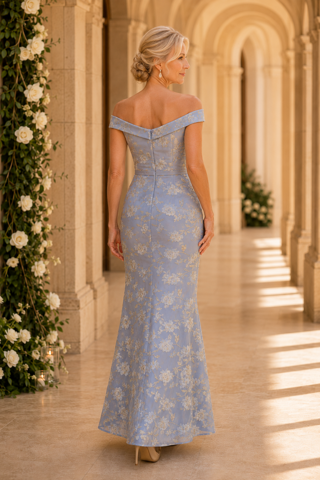 Floral Jacquard Off-the-Shoulder Trumpet Gown
