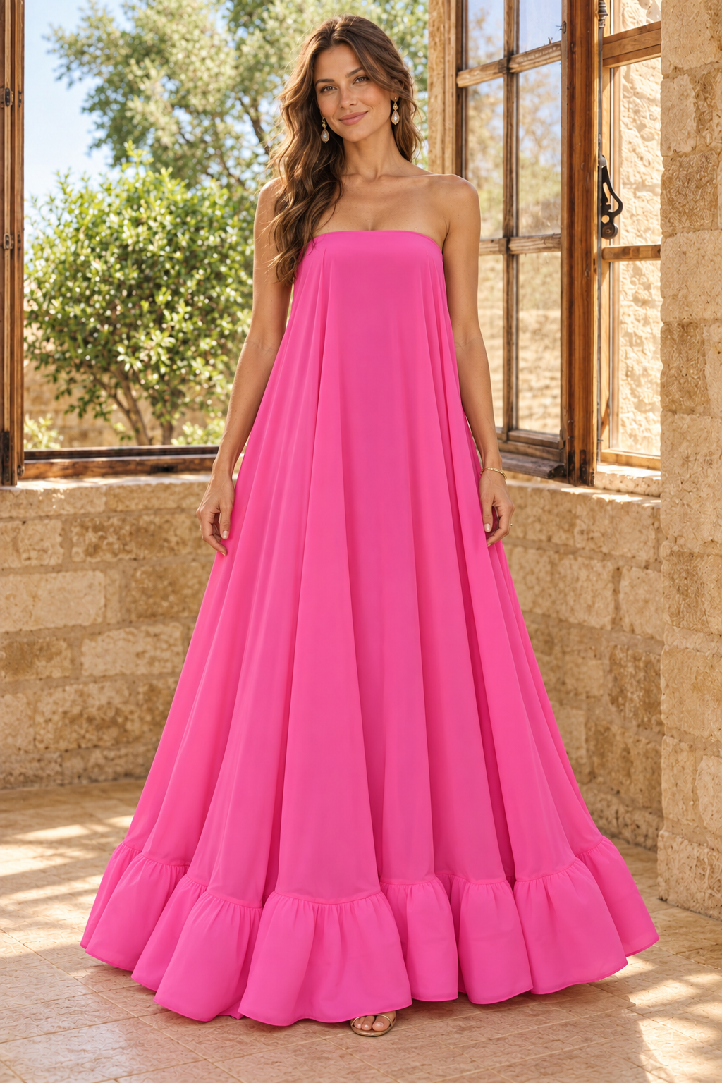 Strapless A-Line Maxi Dress with Ruffle Hem