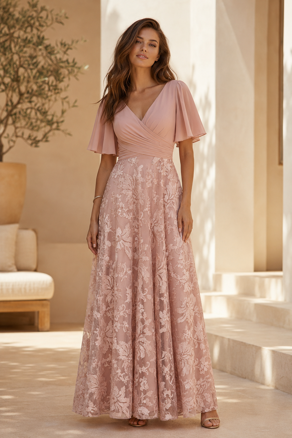 Flutter Sleeve Lace Maxi Dress with Pleated Bodice
