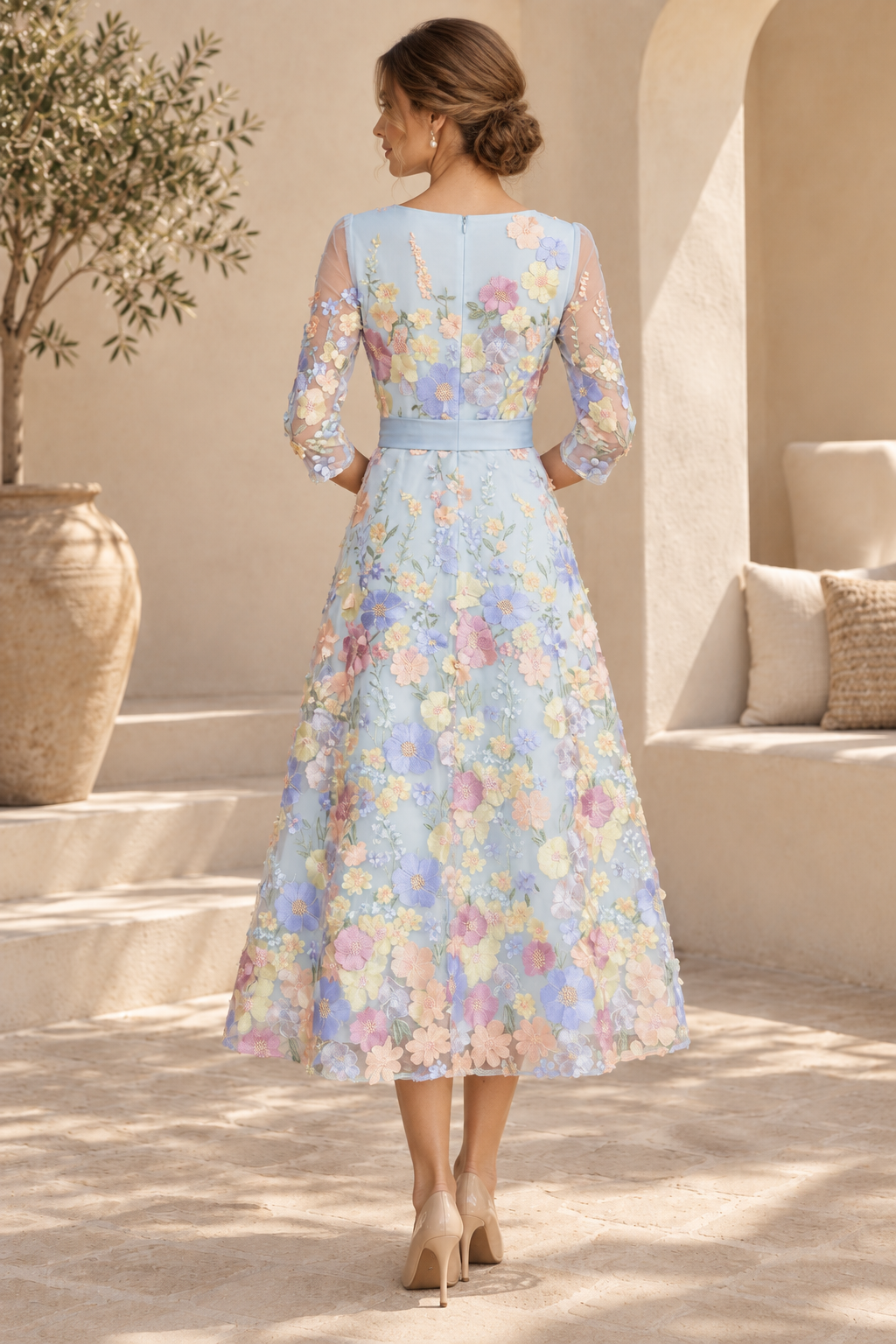 Floral Embroidered 3/4 Sleeve Midi Dress with Bow