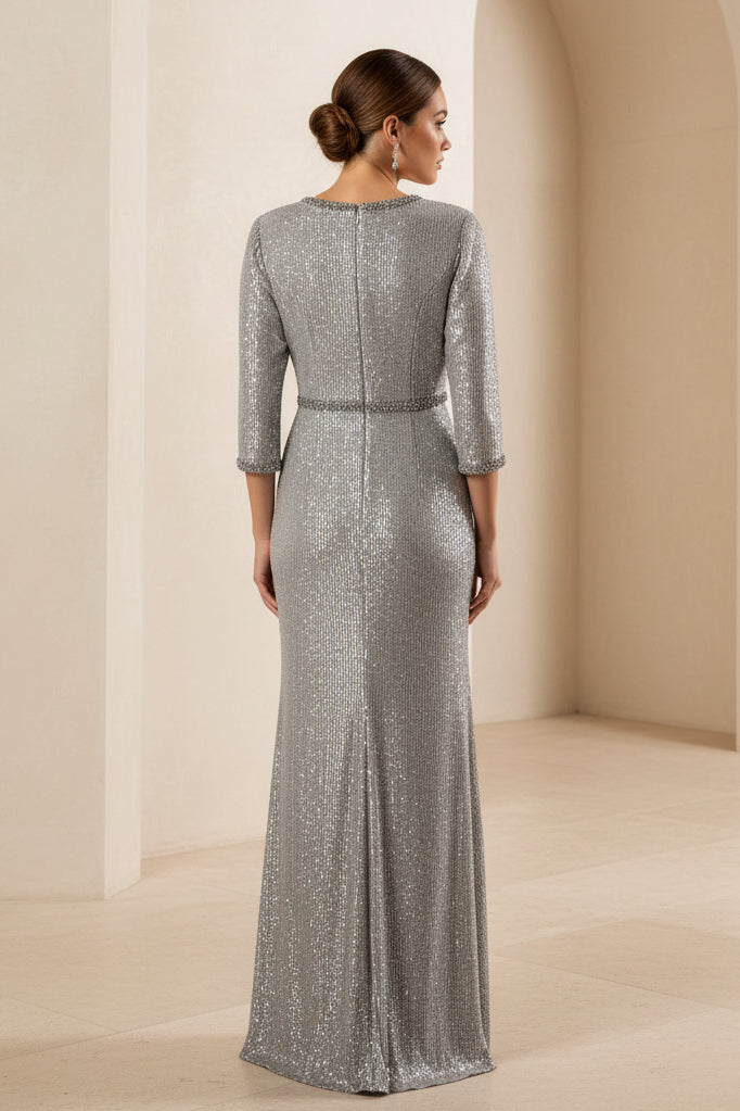 Metallic Keyhole Neckline 3/4 Sleeve Evening Gown