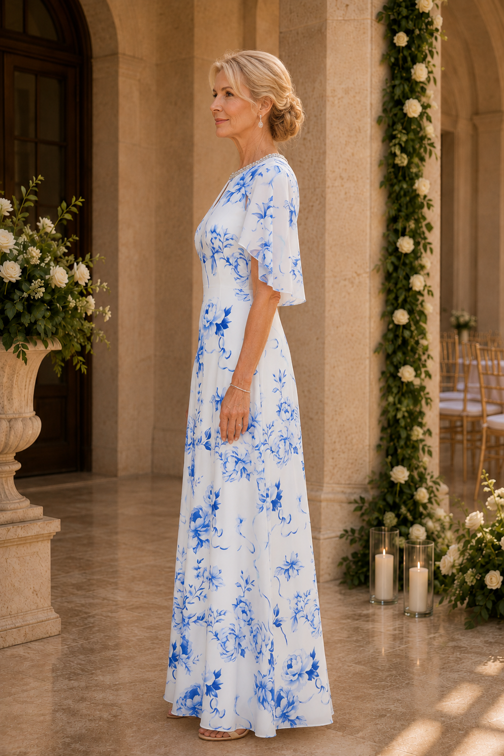 Floral A-Line Gown with Flutter Sleeves & Beaded Neck