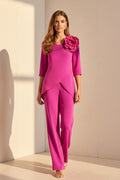 Asymmetric Tunic Pantsuit with 3D Rose Detail