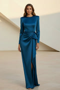 Satin Long Sleeve Gown with Waist Drape and Slit