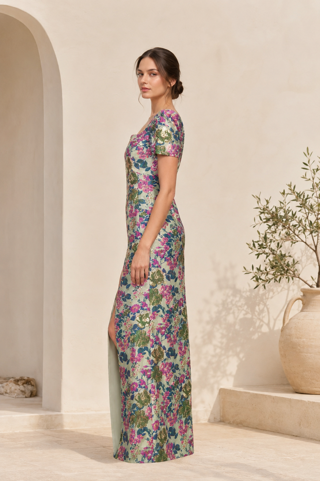 Floral Jacquard Puff Sleeve Maxi Dress with High Slit