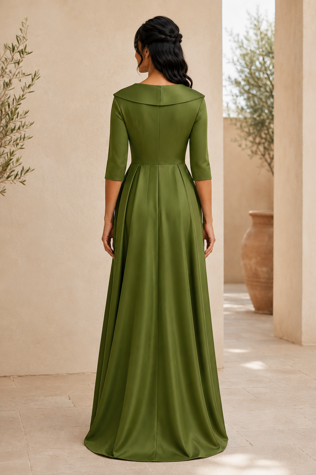 Sequin & Satin Evening Gown with Folded Collar