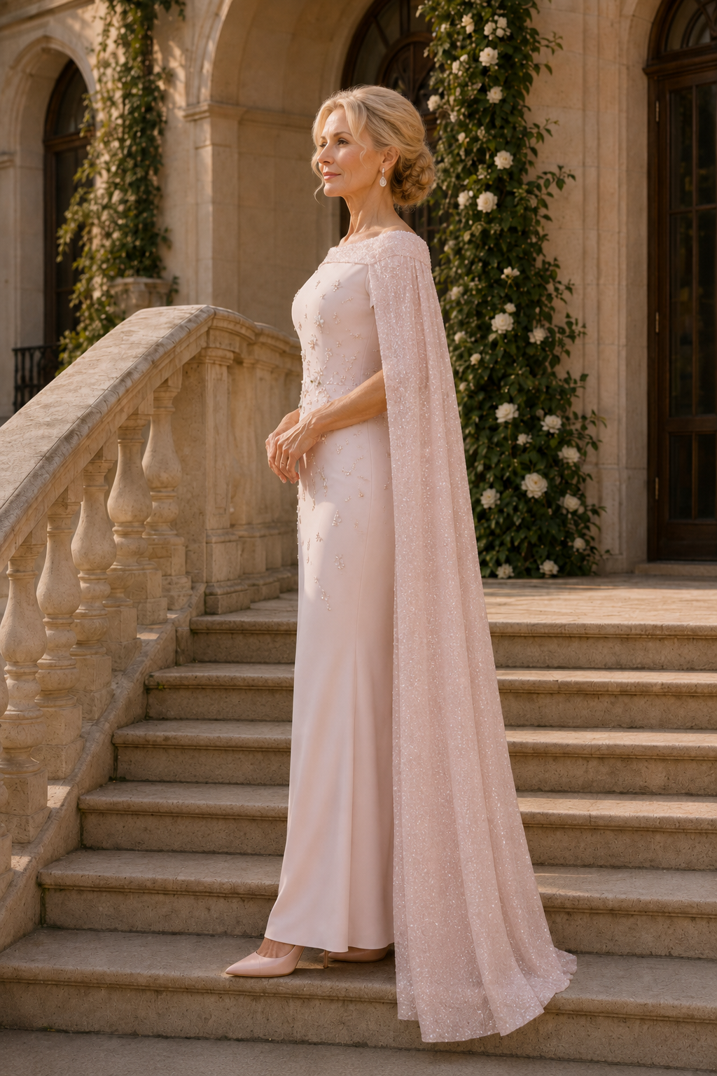 Beaded Column Gown with Shimmering Cape
