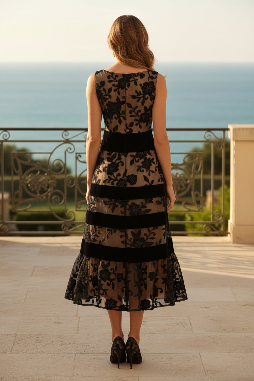 Floral Embroidered Midi Dress with Velvet Bands