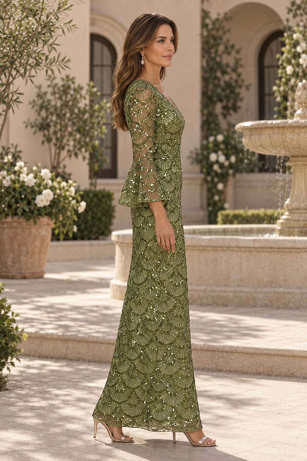 Sequin V-Neck Gown with Bell Sleeves