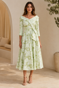 Floral Off-the-Shoulder 3/4 Sleeve A-Line Midi Dress