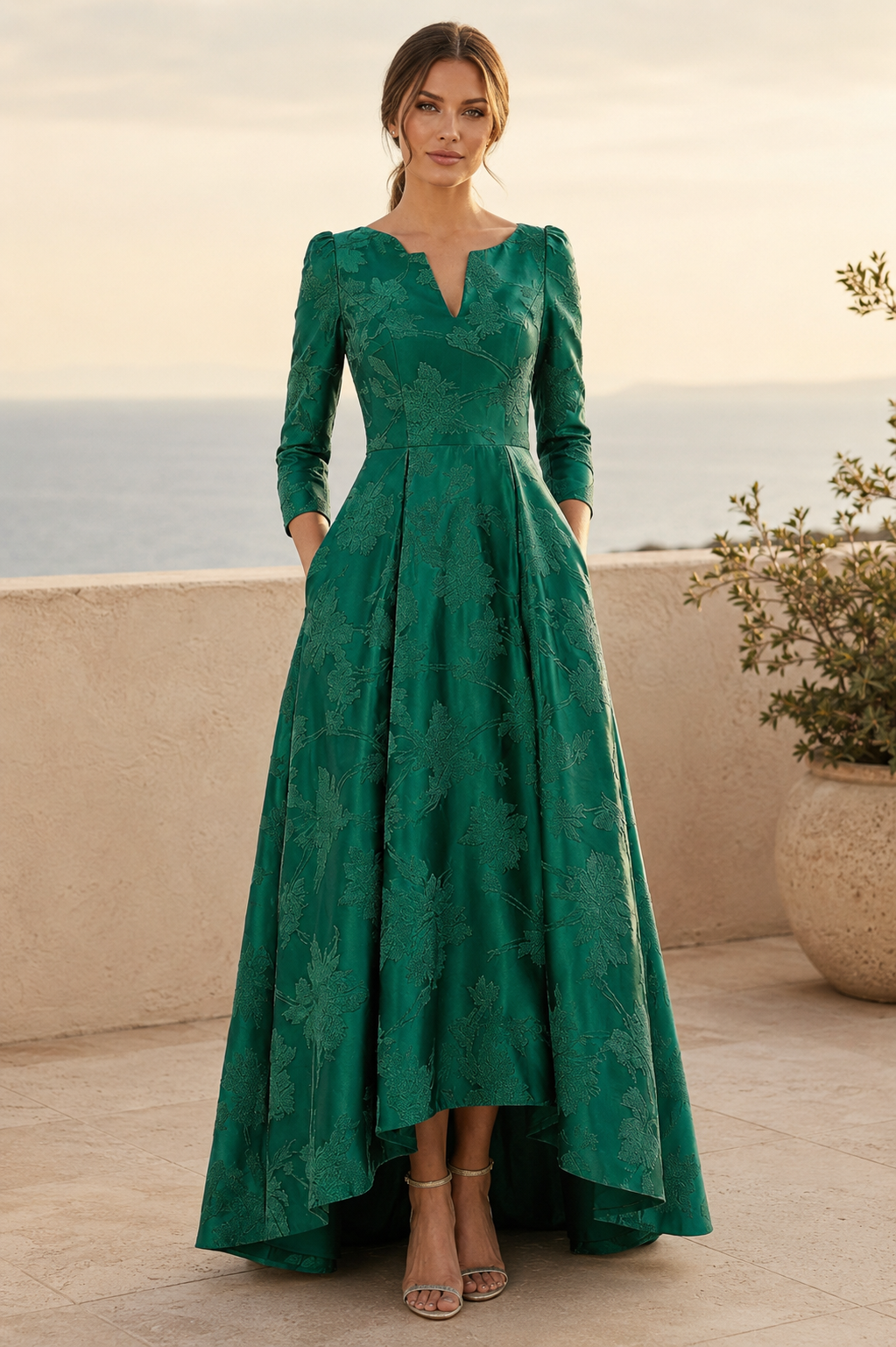 Floral Jacquard High-Low A-Line Gown with Pockets