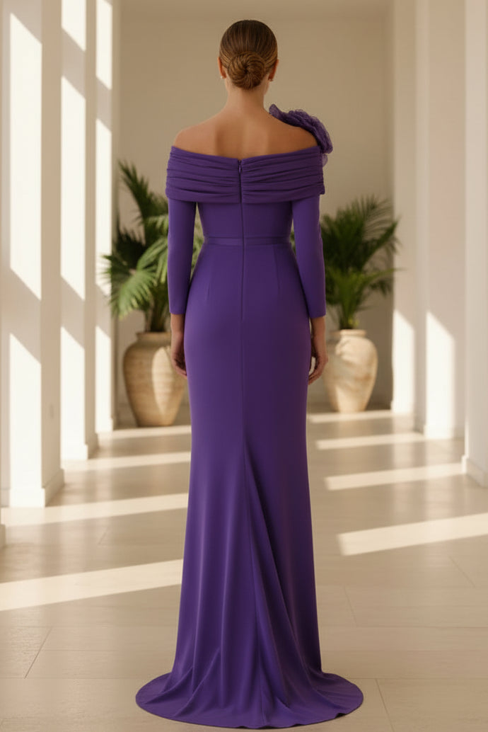 Off-the-Shoulder Long Sleeve Gown with 3D Flowers