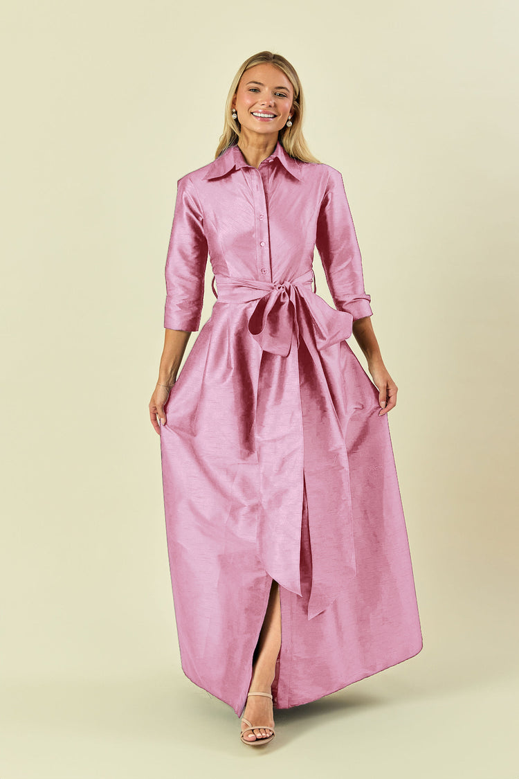 Taffeta A-Line Maxi Shirt Dress with Sash