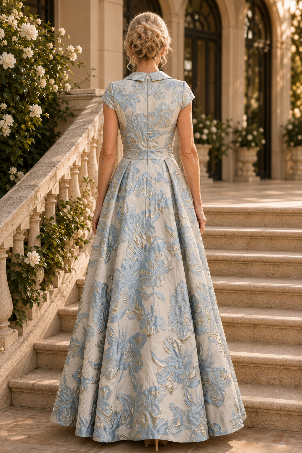 Floral Jacquard Cap Sleeve A-Line Gown