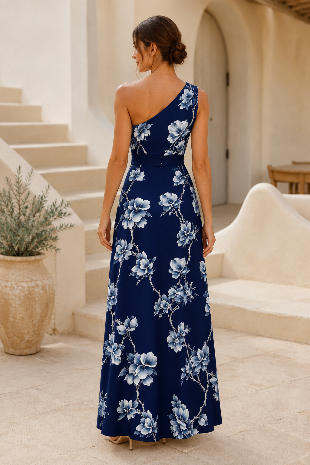 One-Shoulder Floral Print A-Line Maxi Dress