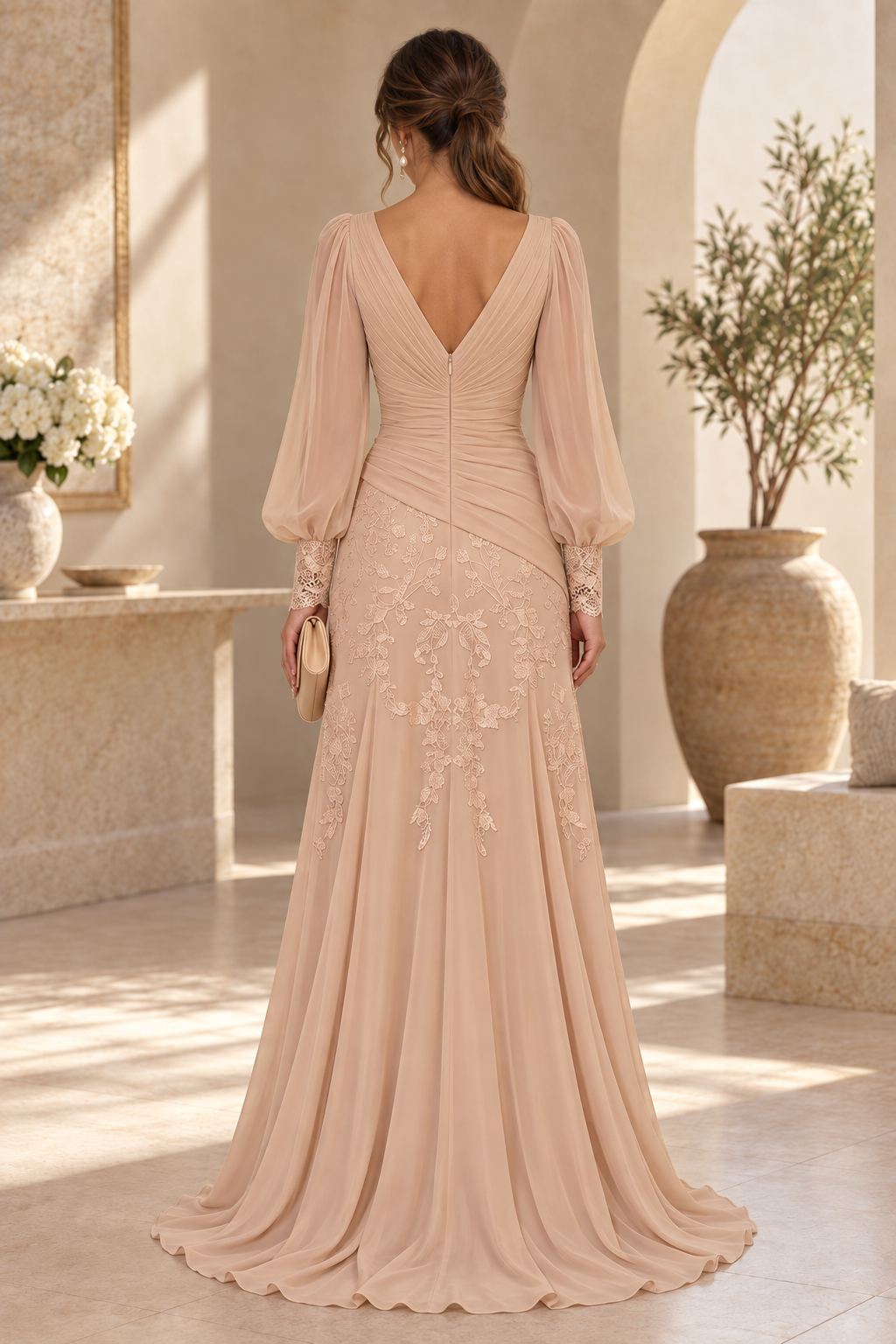 Ruched V-Neck Gown with Bishop Sleeves and Lace