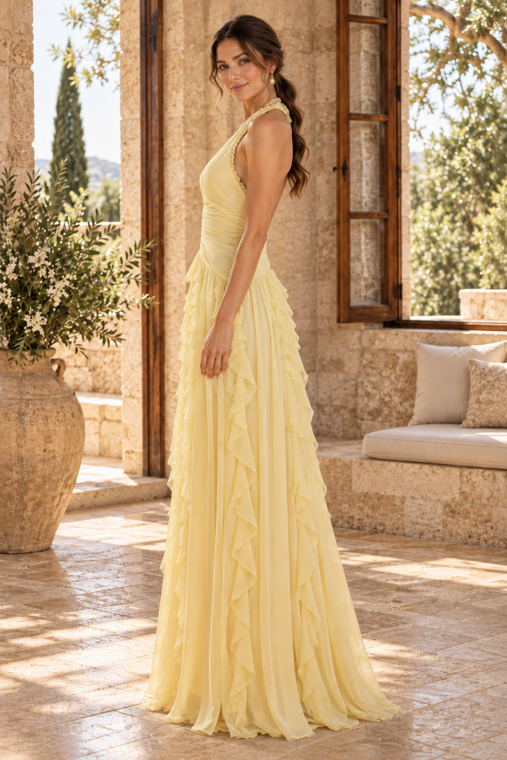Halter Backless Maxi Dress with Cascading Ruffles