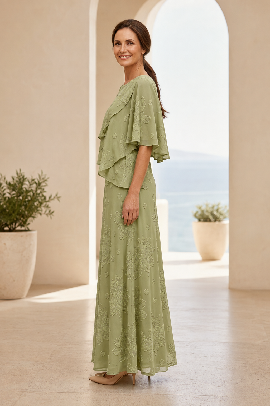 Floral Textured A-Line Gown with Flutter Cape Sleeves