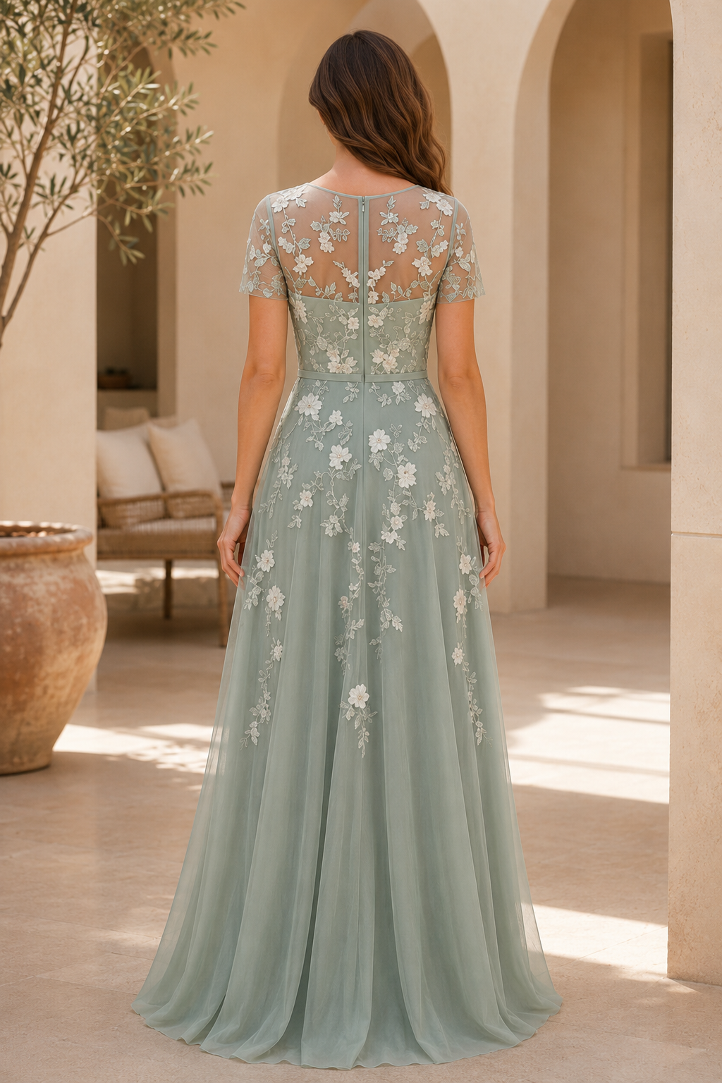 Embroidered Floral Illusion A-Line Maxi Dress