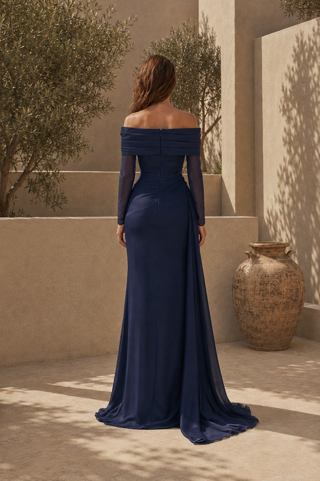 Off-the-Shoulder Floral Appliqué Gown with Drape