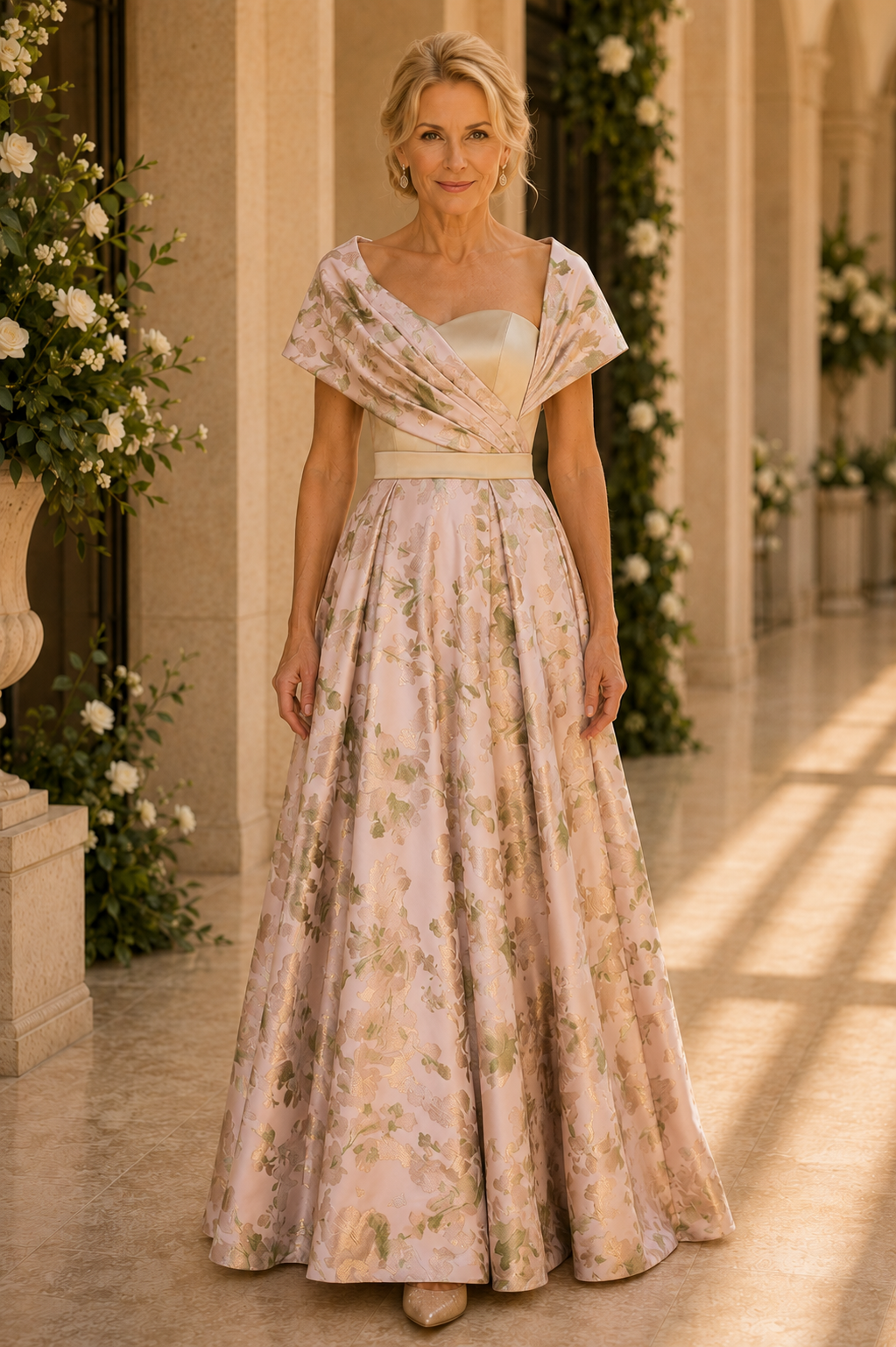 Floral Jacquard A-Line Gown with Draped Neckline