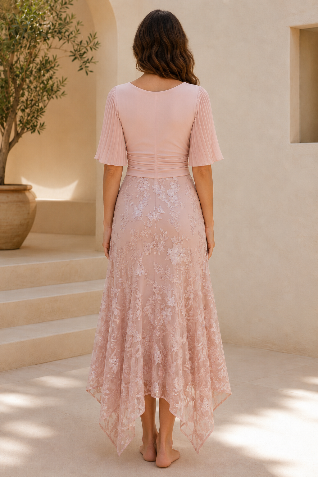 Asymmetrical Lace Midi Dress with Flutter Sleeves