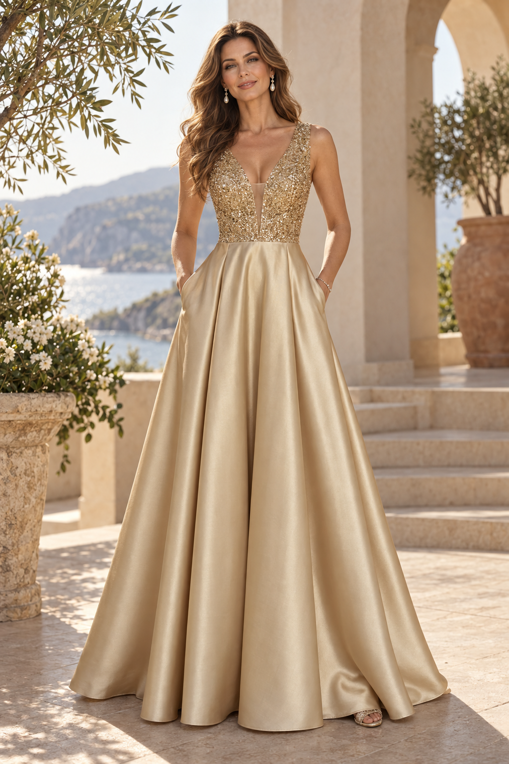 Sequin V-Neck A-Line Gown with Pockets