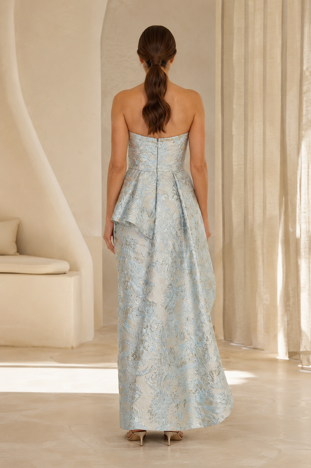 Strapless Jacquard Gown with Draped Peplum Overskirt