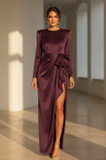 Long Sleeve Satin Evening Gown with High Slit