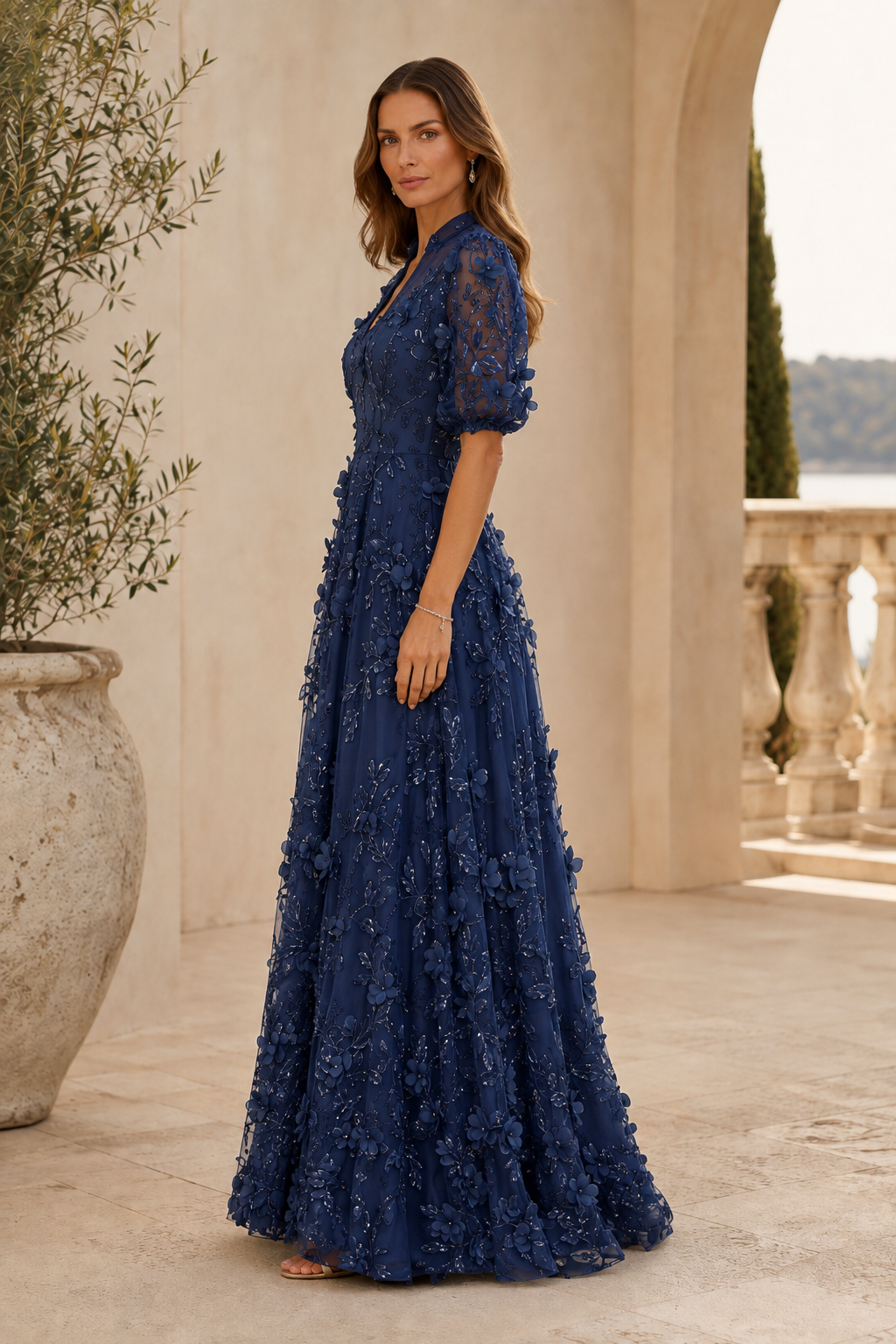 Floral 3D Applique Illusion A-Line Evening Gown