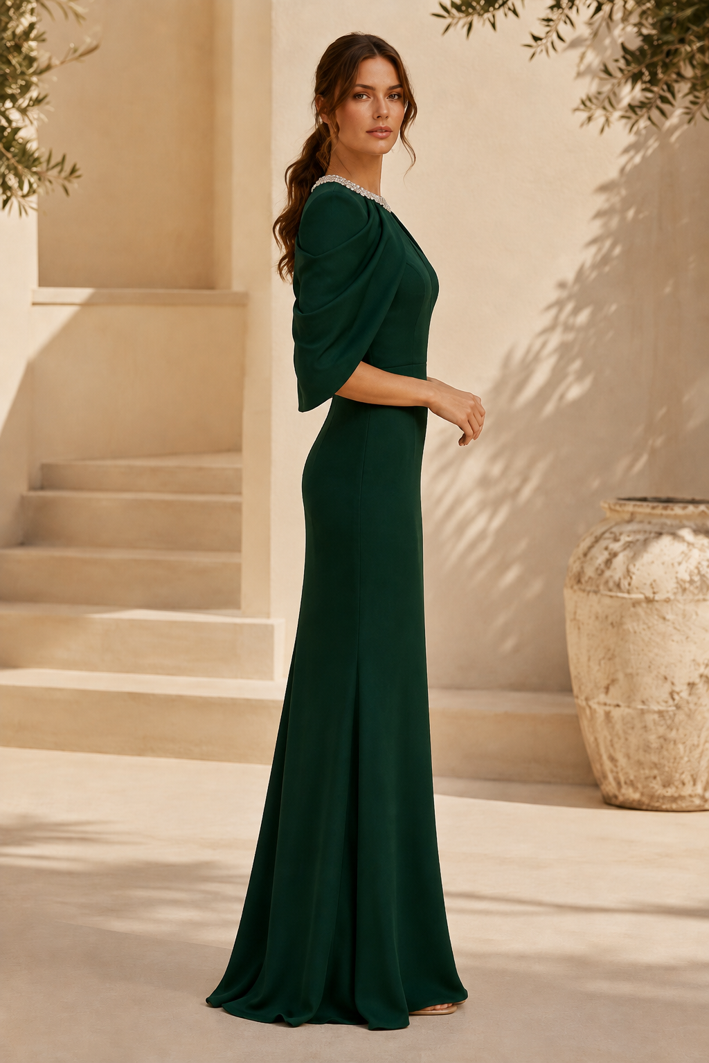 Embellished Cape Sleeve Evening Gown