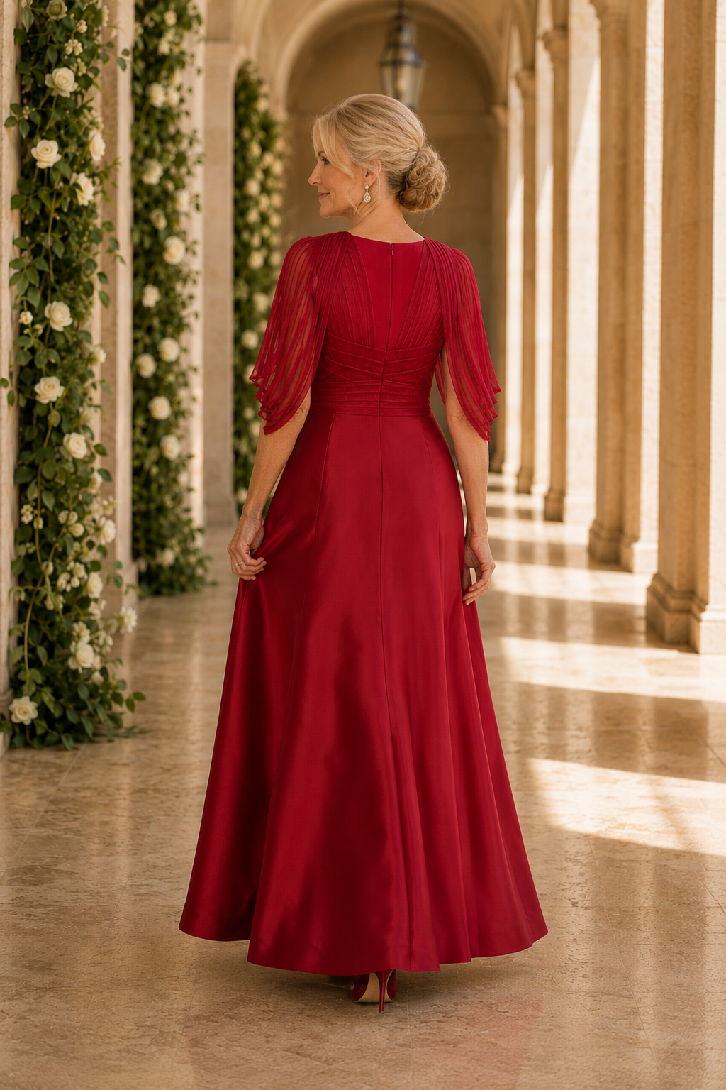 A-Line Gown with Ruched Bodice and Cape Sleeves