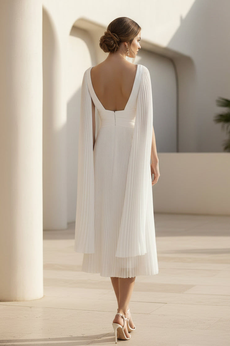 Pleated Cape Sleeve V-Neck Midi Dress