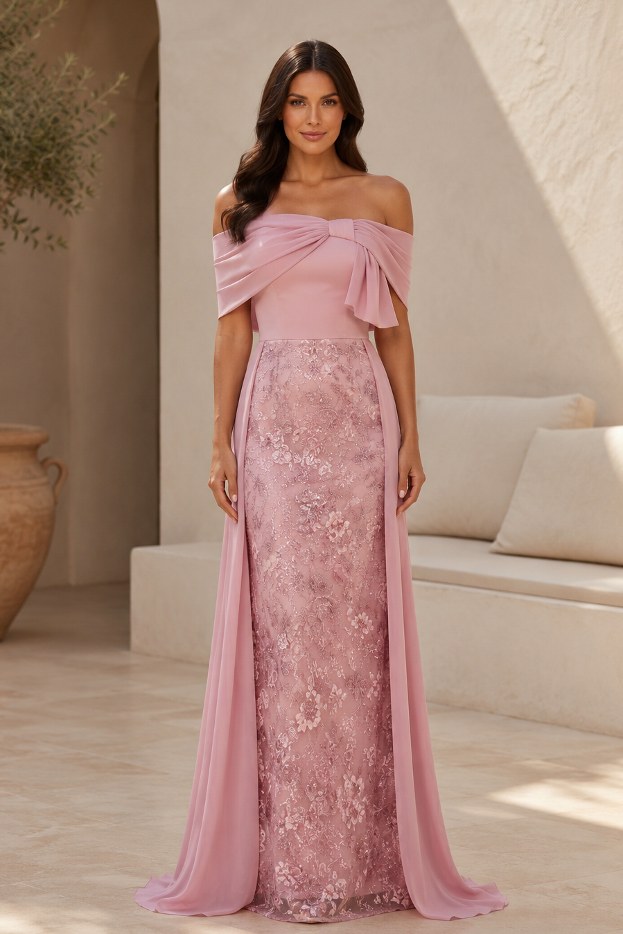 Off-Shoulder Lace Gown with Chiffon Streamer Details
