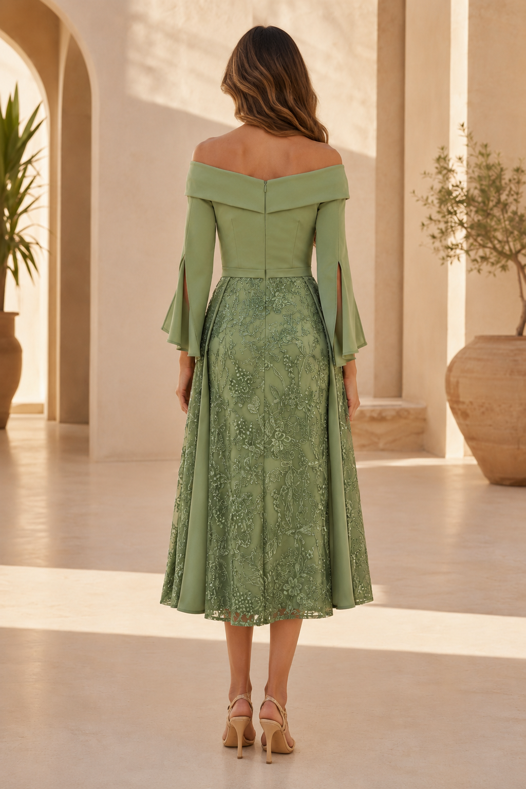 Off-the-Shoulder Lace A-Line Midi Dress