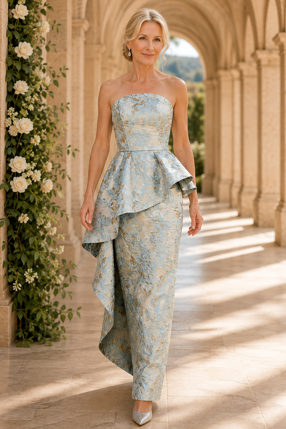 Strapless Jacquard Column Gown with Cascading Peplum