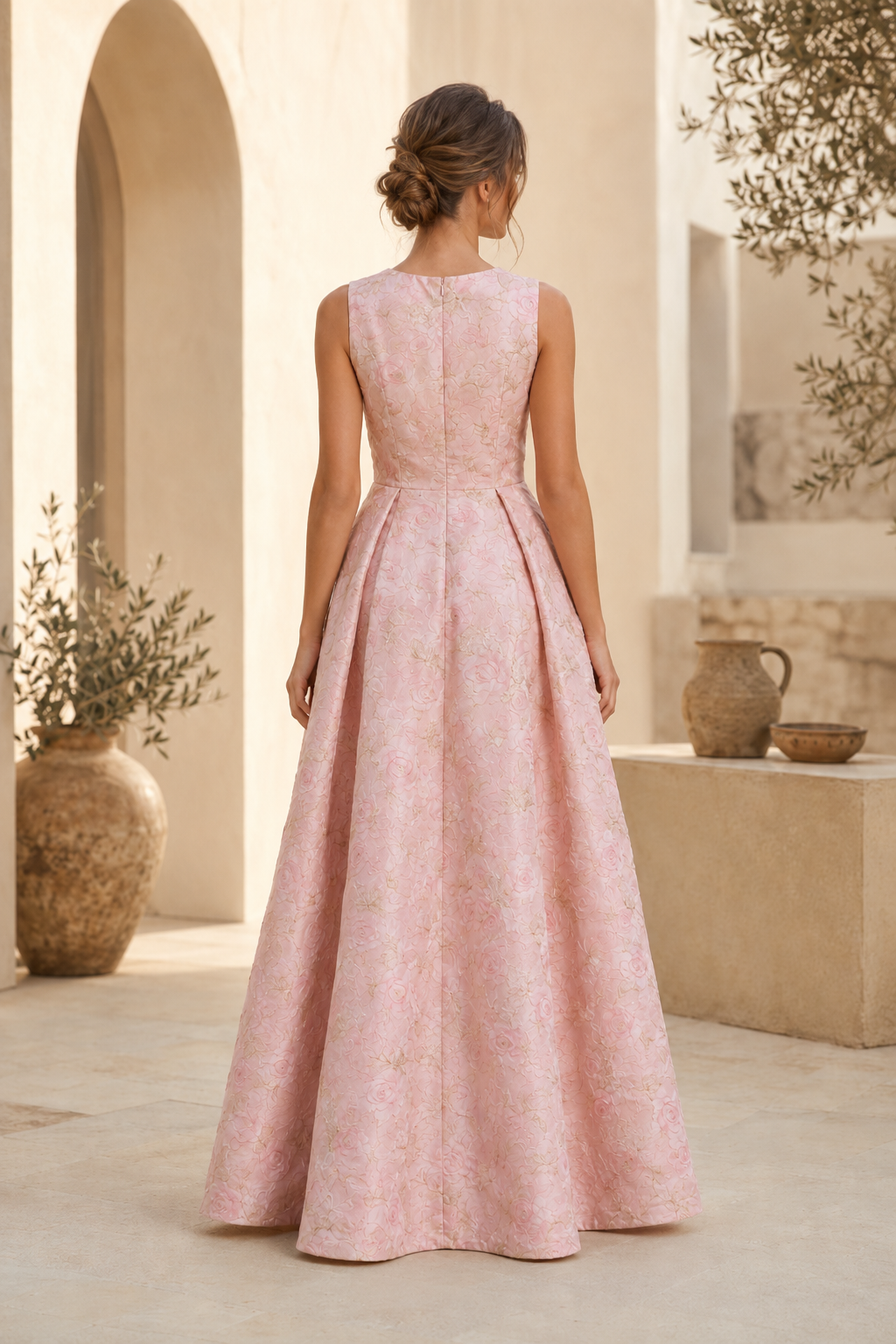Sleeveless Jacquard A-Line Gown with Front Slit