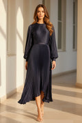 Pleated Long Sleeve Asymmetrical Midi Dress