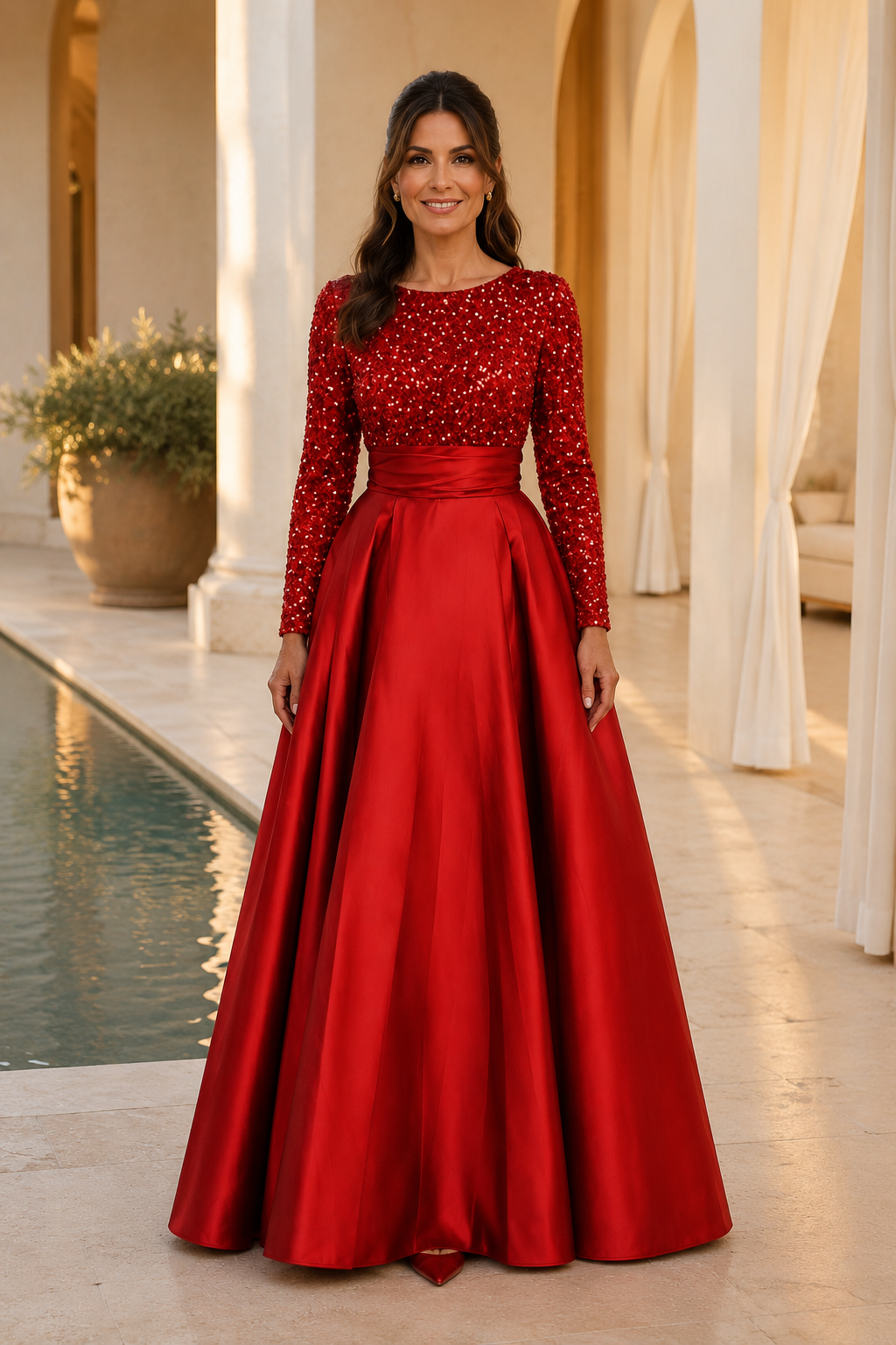Beaded Long Sleeve Pleated Satin Ball Gown