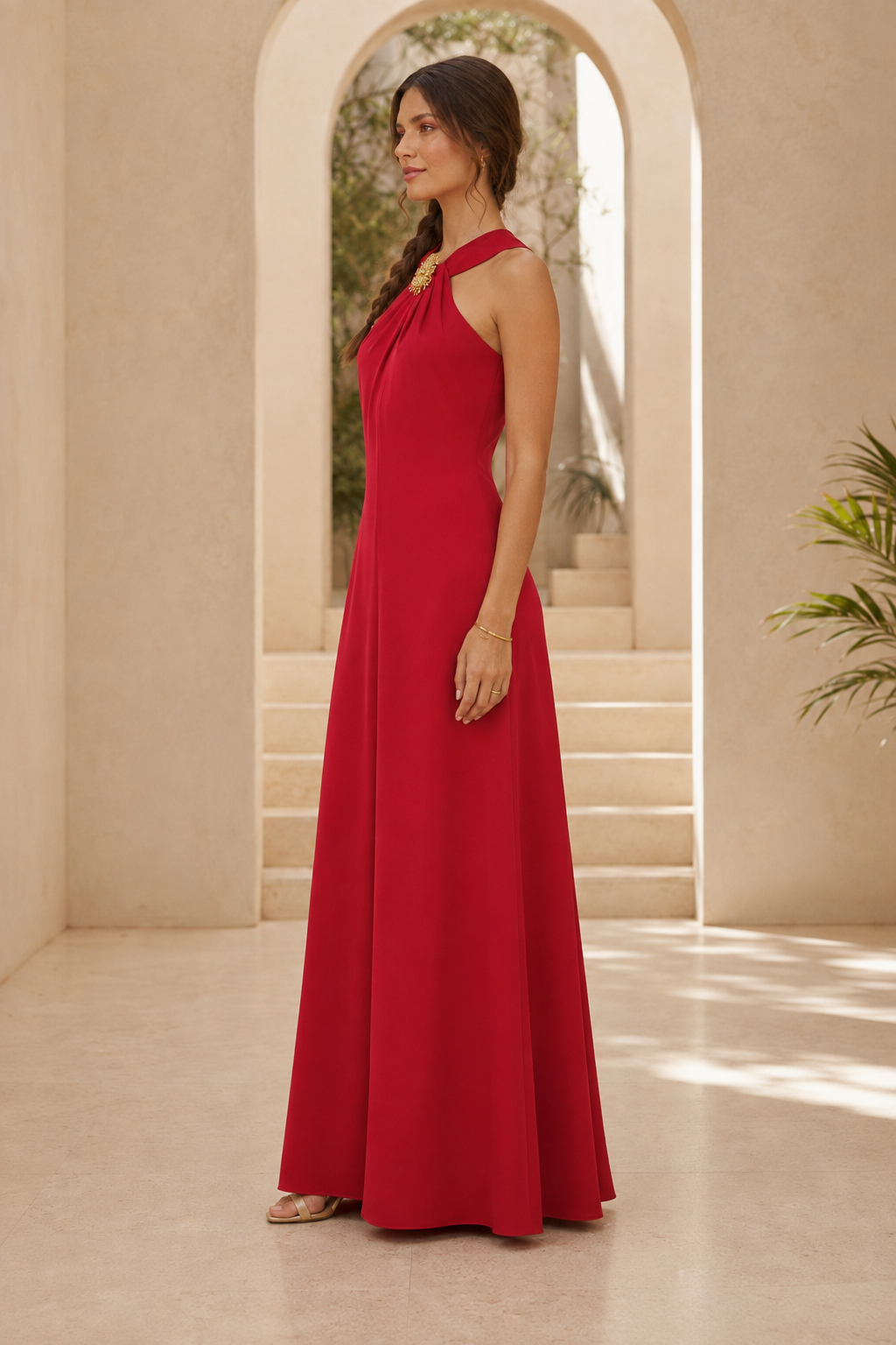 Halter Neck Pleated A-Line Evening Gown