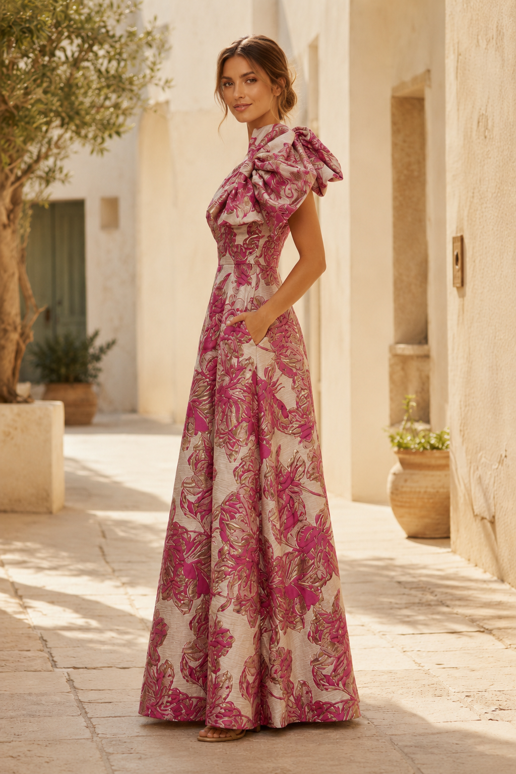 One-Shoulder Floral Brocade A-Line Gown