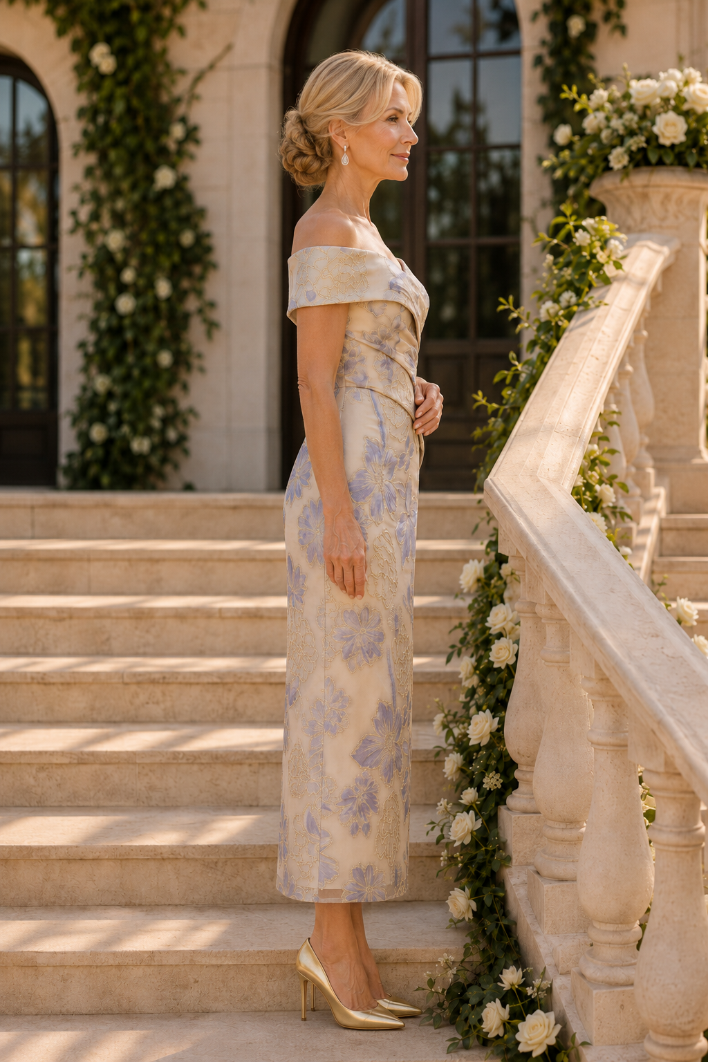 Off-the-Shoulder Floral Jacquard Midi Dress