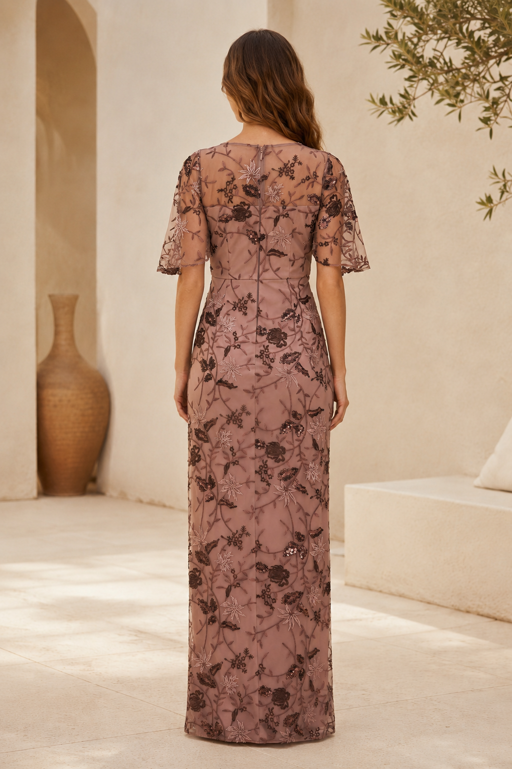 Floral Embroidered Sequin Mesh Evening Gown