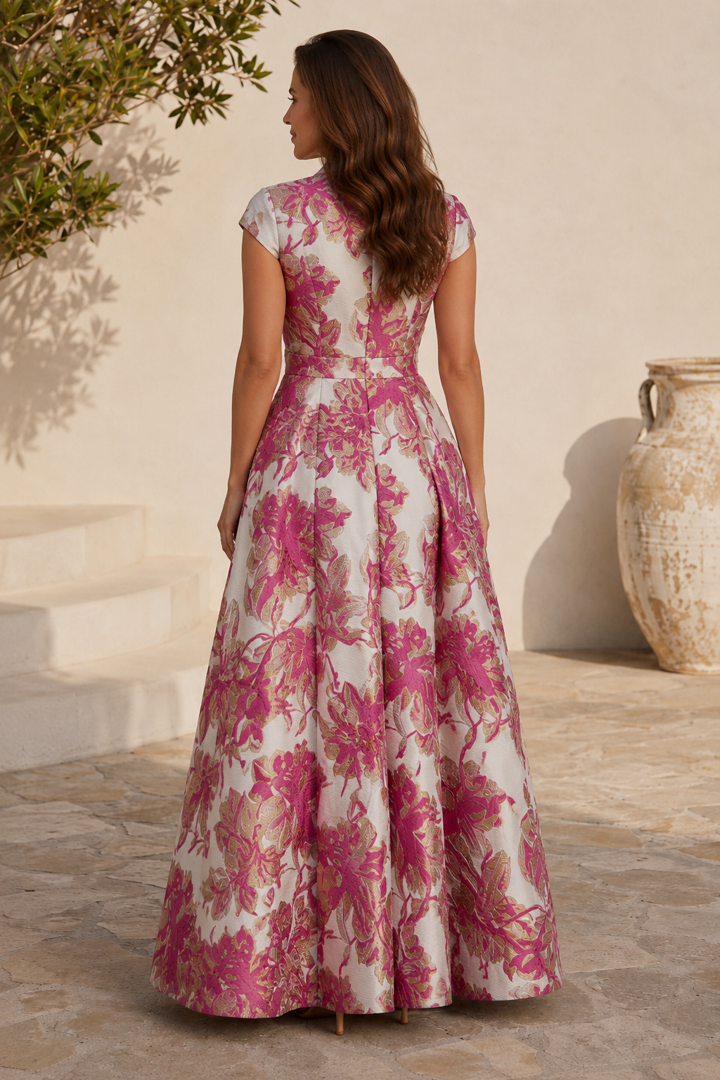 Floral Jacquard Gown with Embroidered Sheath & Overskirt
