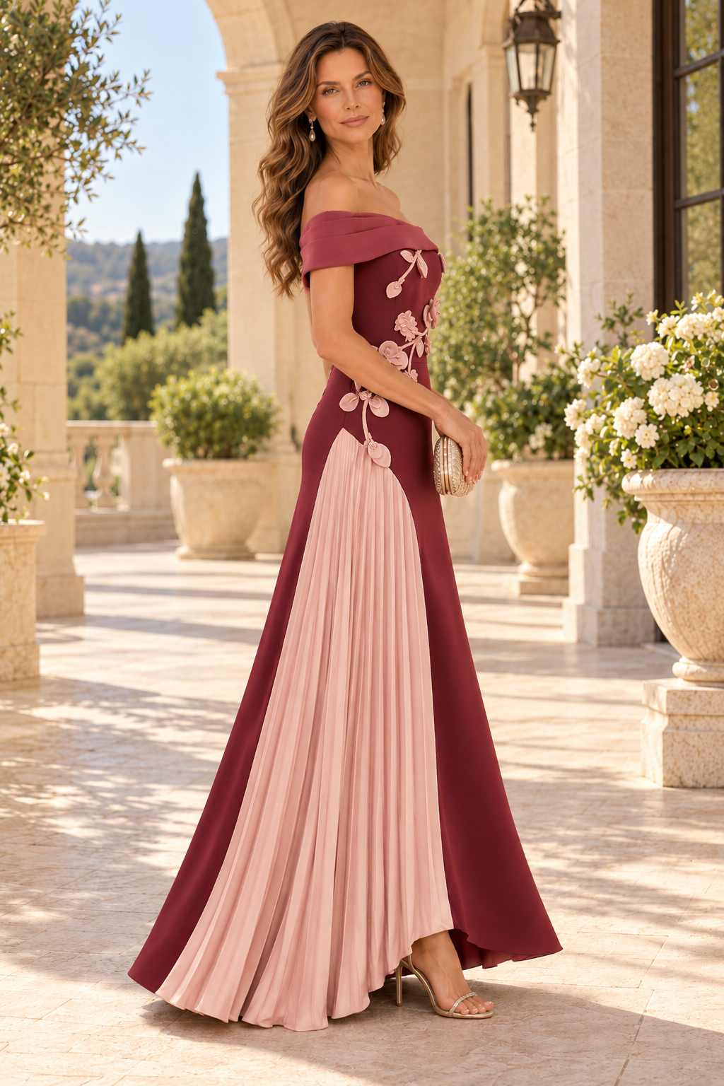 Pleated Inset Gown with 3D Floral Appliques