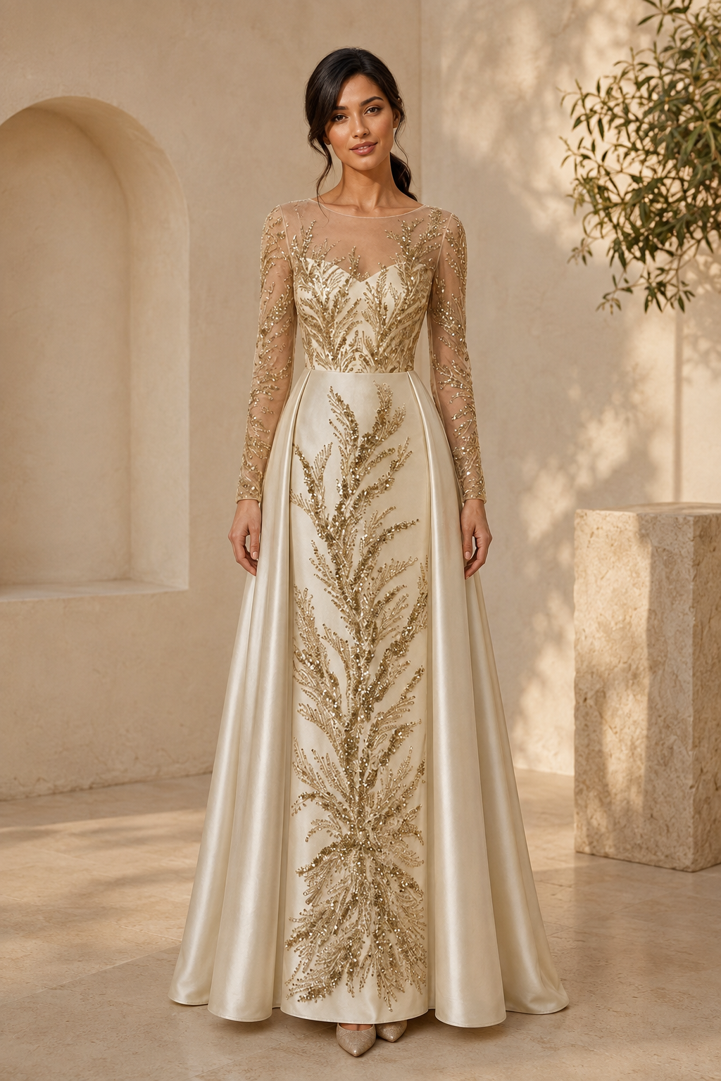 Sequined Long Sleeve Illusion A-Line Evening Gown