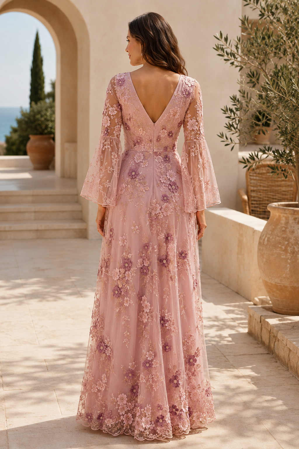 3D Floral Embroidered Maxi Dress with Bell Sleeves