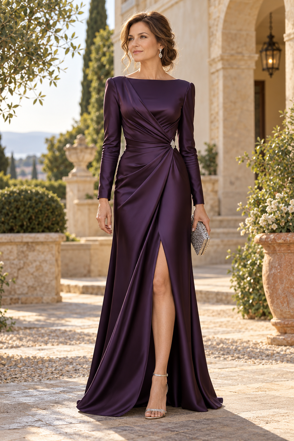Long Sleeve Pleated Gown with Front Slit