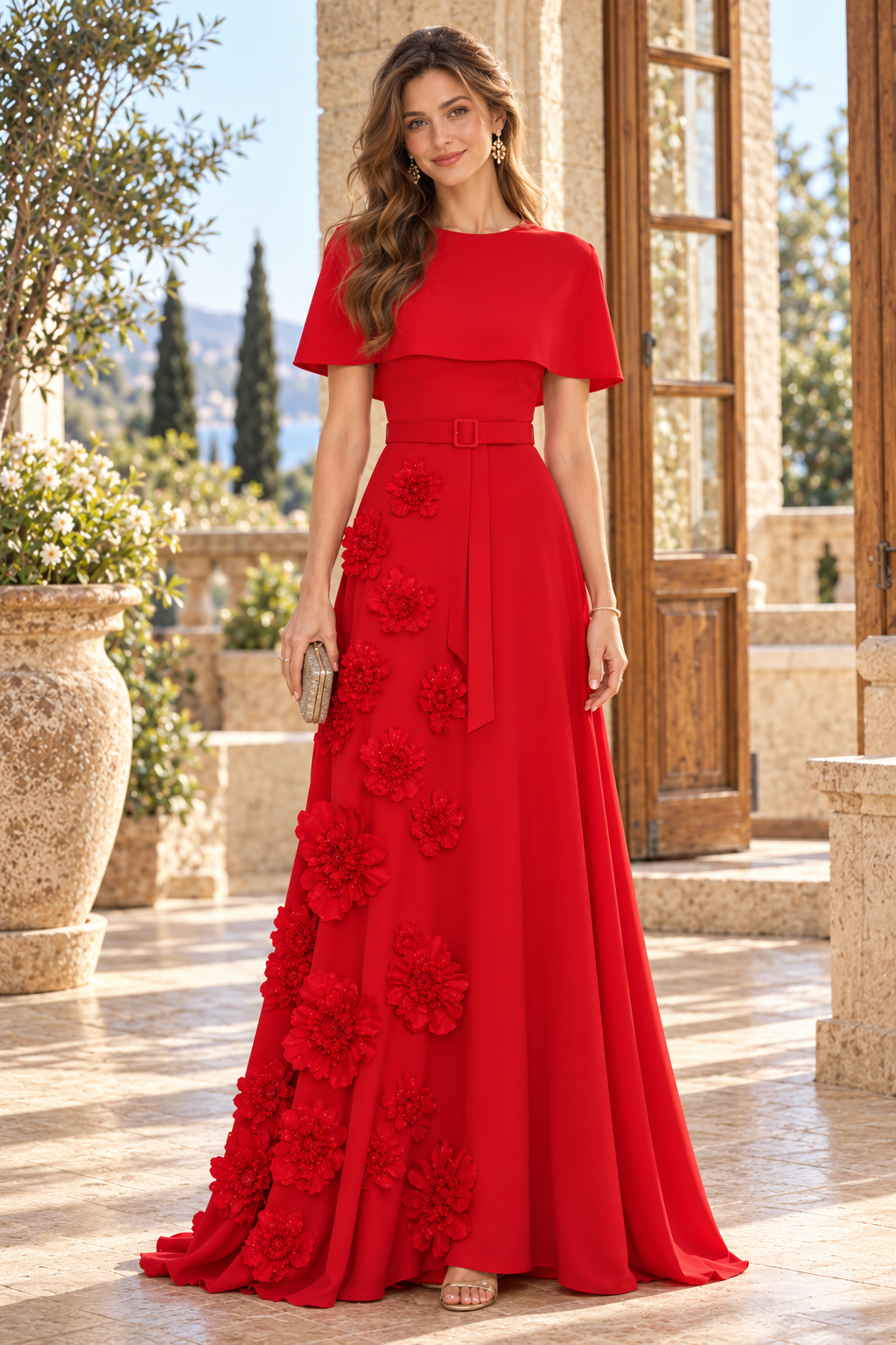 Capelet A-Line Gown with 3D Floral Appliques