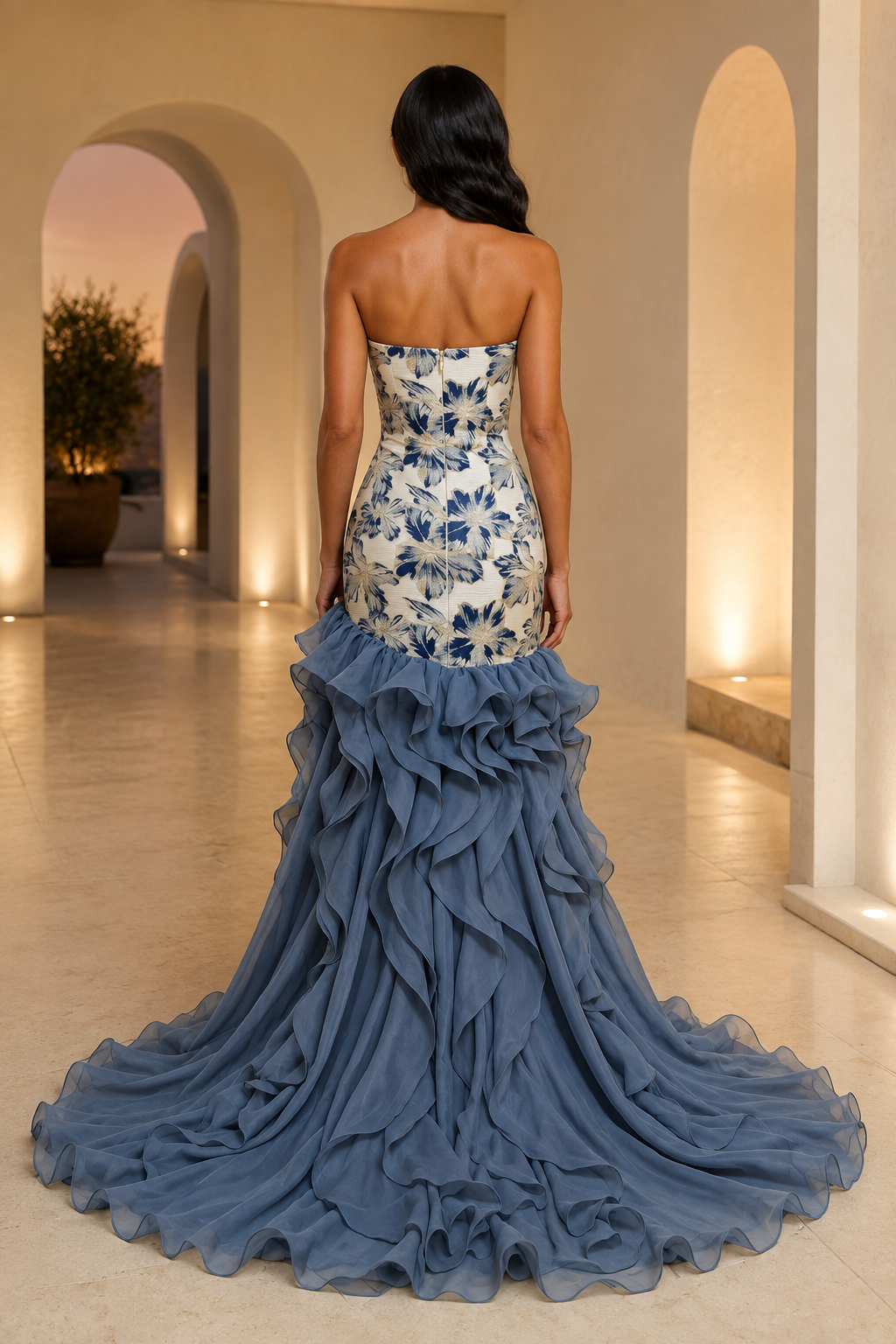 Strapless Floral Bodice Gown with Ruffled High-Slit Skirt